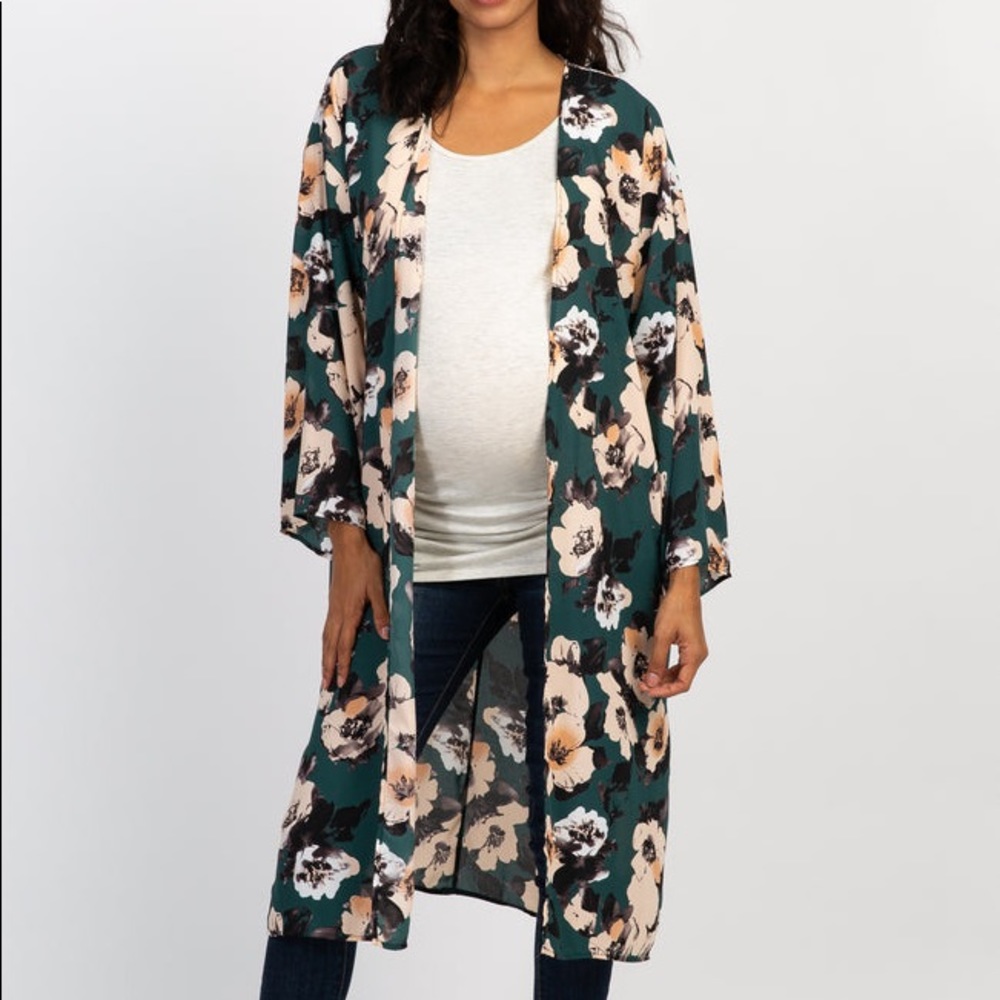 PinkBlush Green Floral Print Chiffon Long Maternity Cover Up